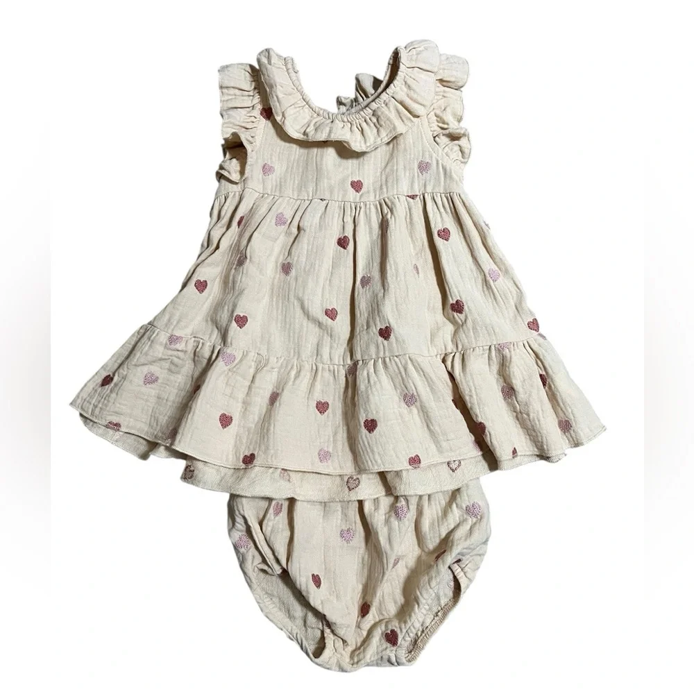 Quincy Mae Cream and Pink heart Charlotte dress embroidery NWOT 6-12 months